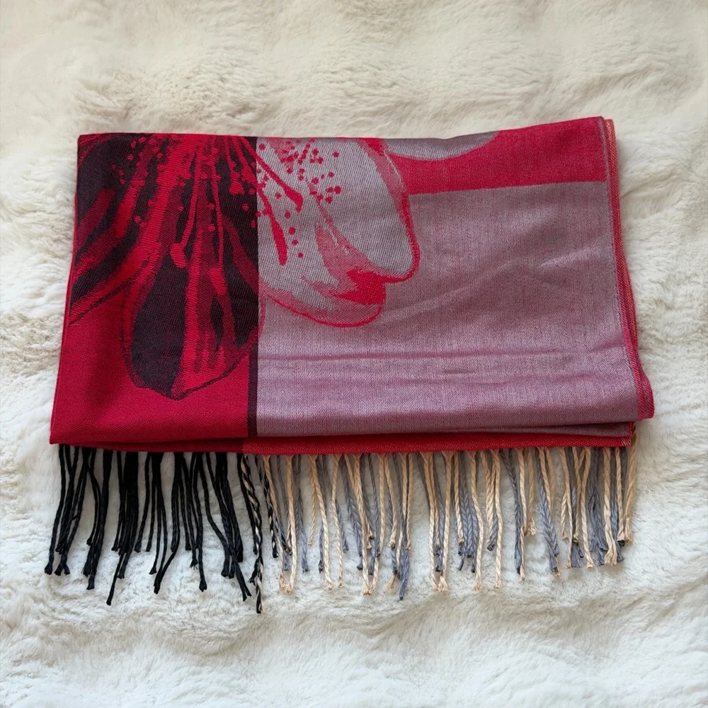 Floral Ombré Red and Pink Scarf Wrap Shawl-72’& 27’